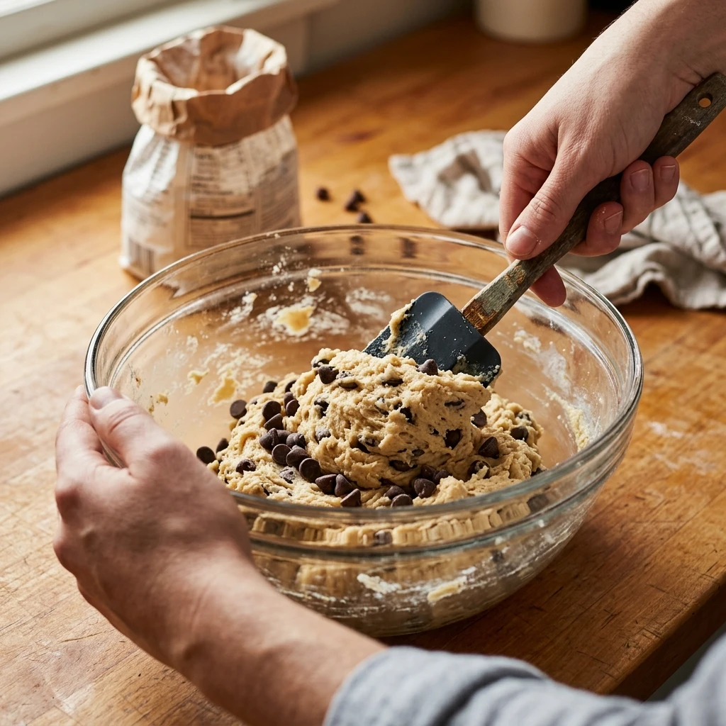  Hands folding chips into thick chocolate chip cookie dough in a glass mixing bowl with a spatula  

