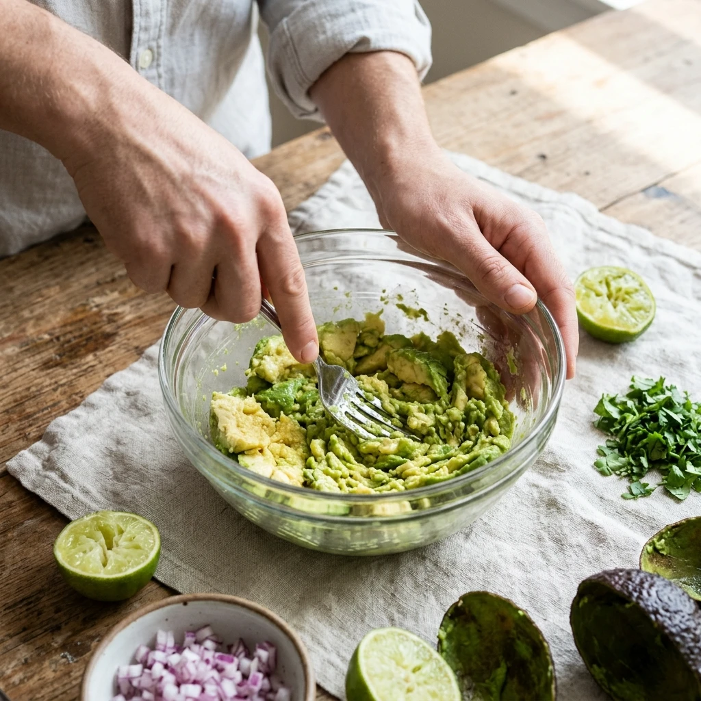 Hands mashing ripe avocado with a fork in a glass bowl while making homemade guacamole
