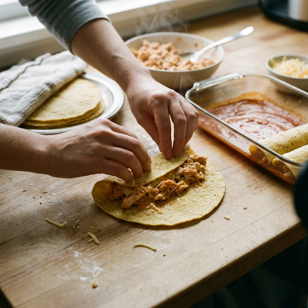 Hands rolling a corn tortilla around creamy shredded chicken filling for homemade chicken enchiladas