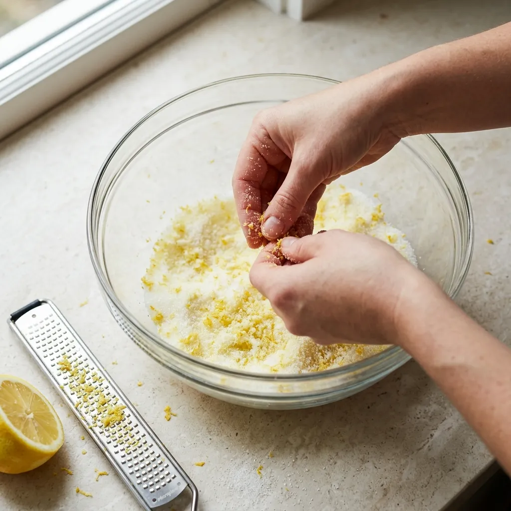 Hands rubbing lemon zest into sugar in a glass bowl, the first step for a moist lemon cake with glaze
