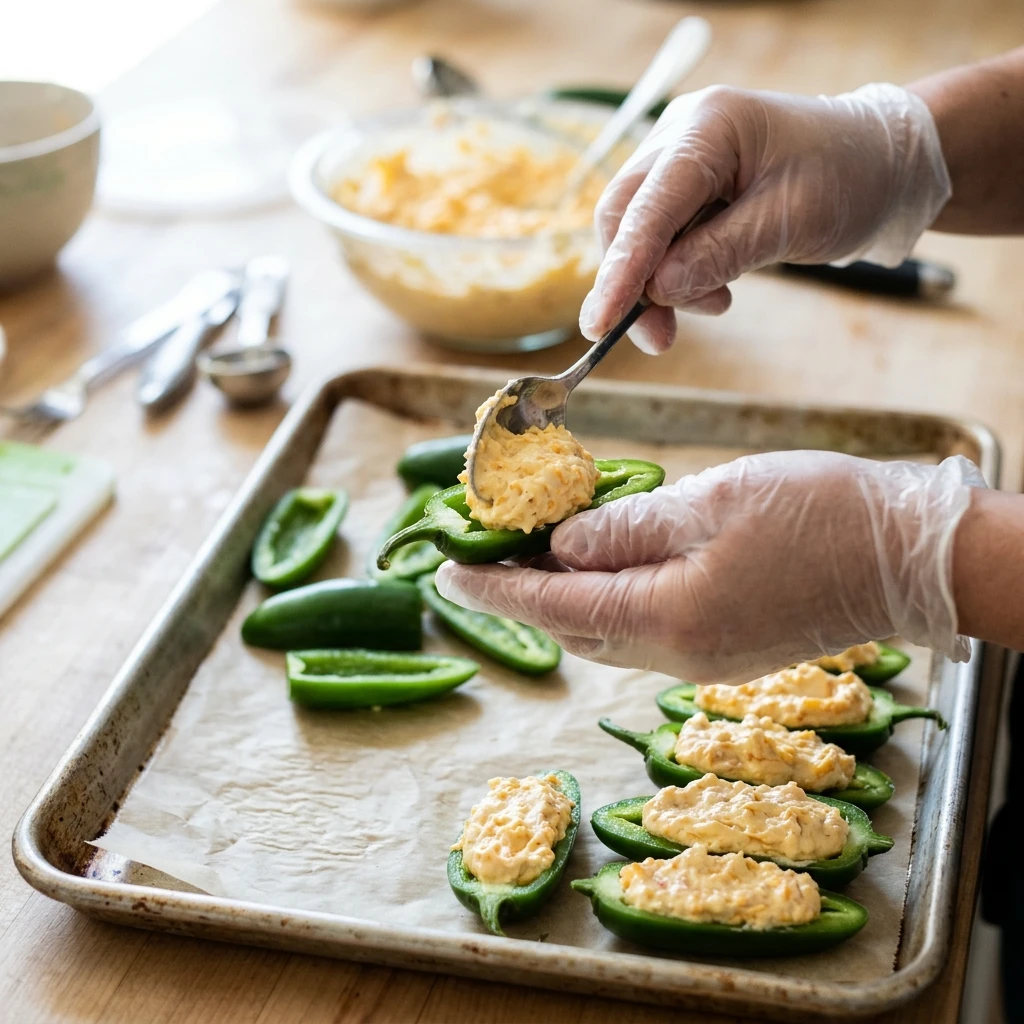 Hands spooning creamy cheddar filling into halved jalapeno peppers before breading the stuffed poppers
