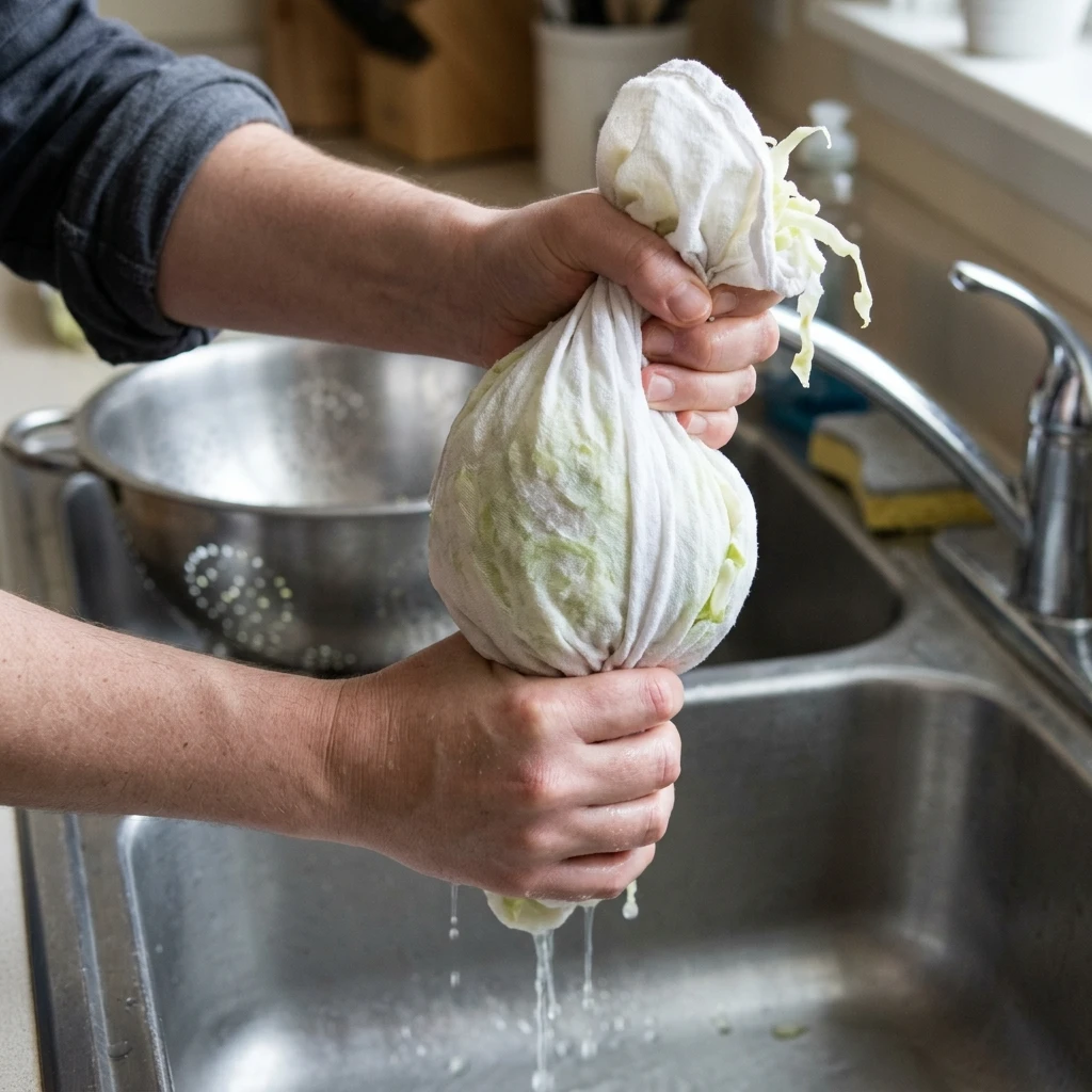 Hands squeezing salted shredded cabbage in a flour sack towel over a sink for an easy coleslaw recipe