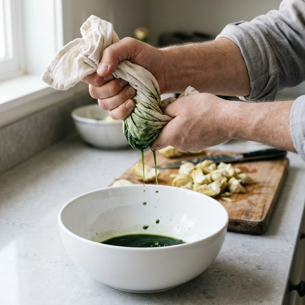 Hands squeezing frozen spinach dry in a cotton towel for easy spinach and artichoke dip