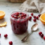 Glossy homemade cranberry sauce with orange zest in a glass jar on a marble counter