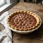 Whole homemade pecan pie with a golden crust and glossy pecan top on a wooden table