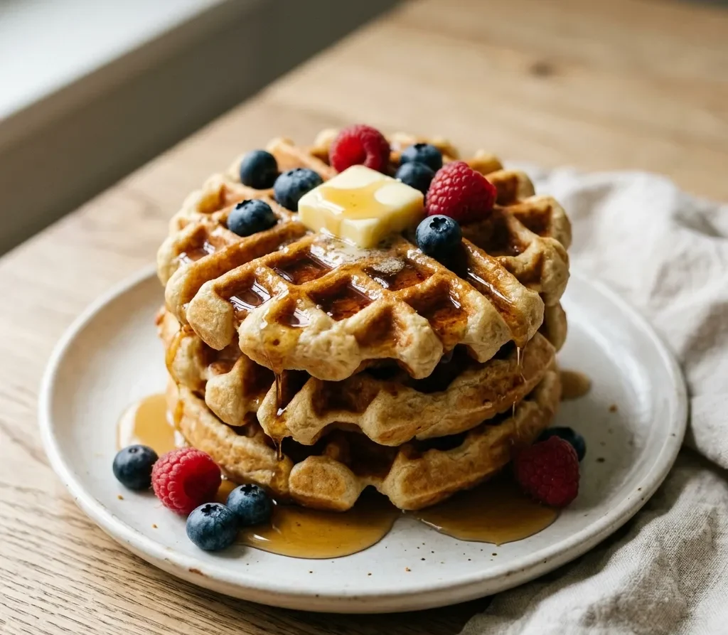 Stack of crispy homemade waffles with maple syrup and berries for a weekend breakfast