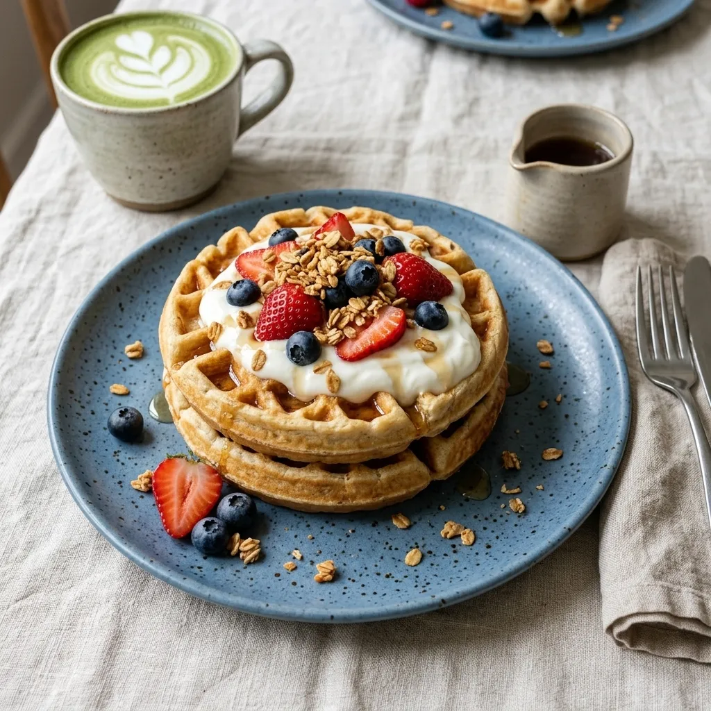 Homemade waffles served with Greek yogurt, berries, and granola on a brunch table