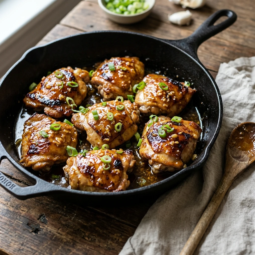 Glossy honey garlic chicken thighs in a skillet topped with green onions for an easy weeknight dinner
