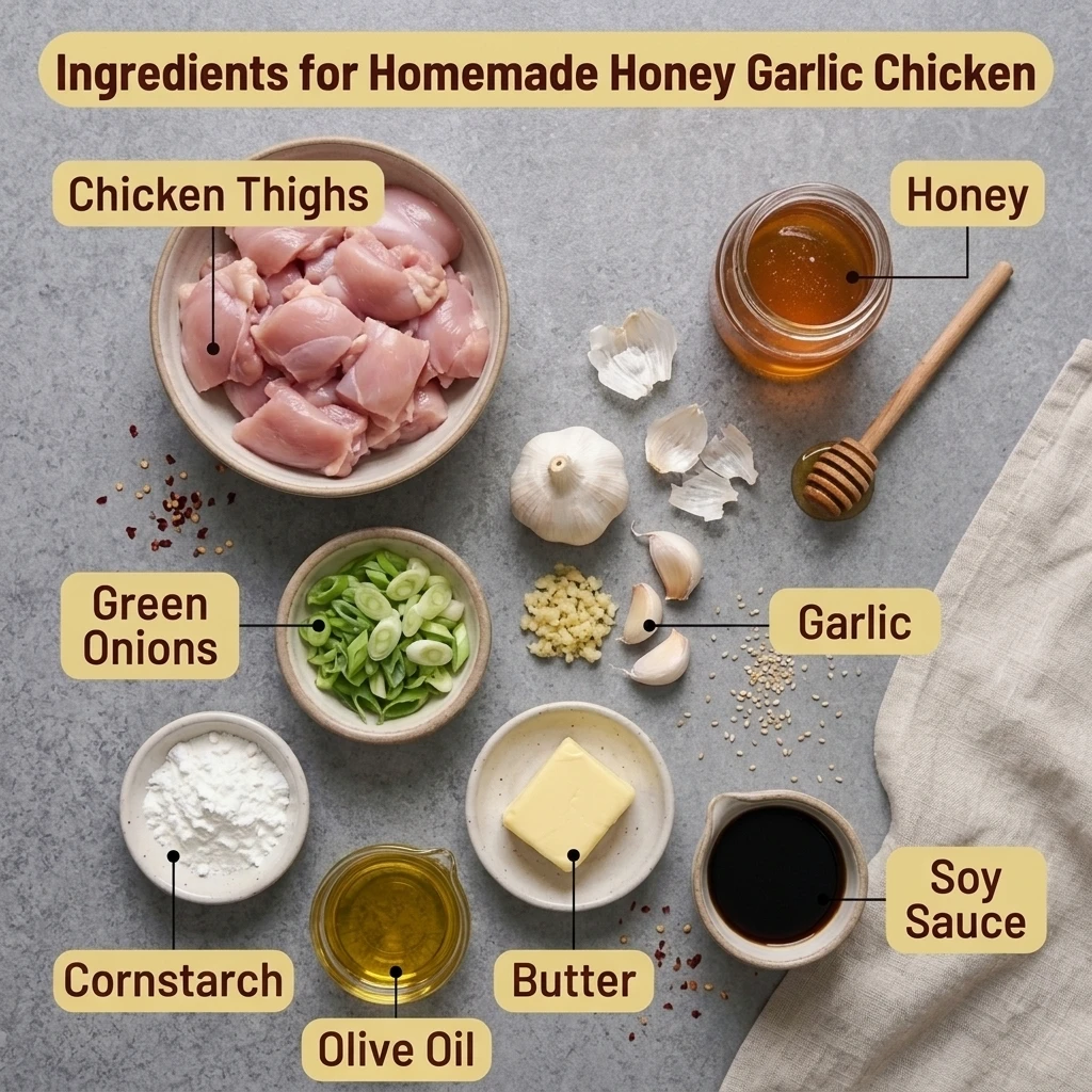 Flat lay of honey garlic chicken ingredients including thighs, honey, garlic, soy sauce, and cornstarch