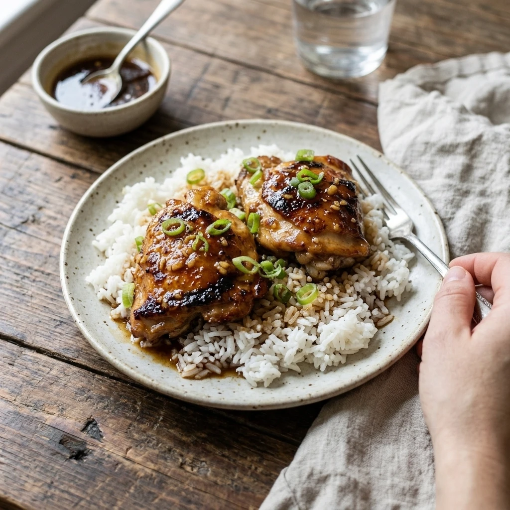 Honey garlic chicken thighs served over steamed rice with extra sauce for a family dinner plate
