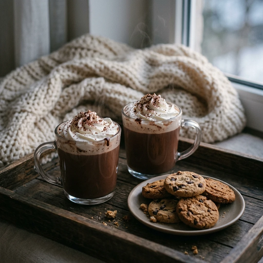Two mugs of easy hot chocolate with whipped cream beside a plate of cookies on a cozy table
