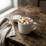 Steaming mug of hot chocolate topped with marshmallows on a wooden table, ready to drink