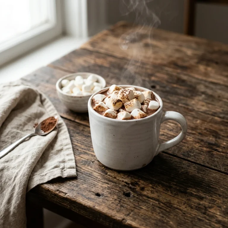 Steaming mug of hot chocolate topped with marshmallows on a wooden table, ready to drink