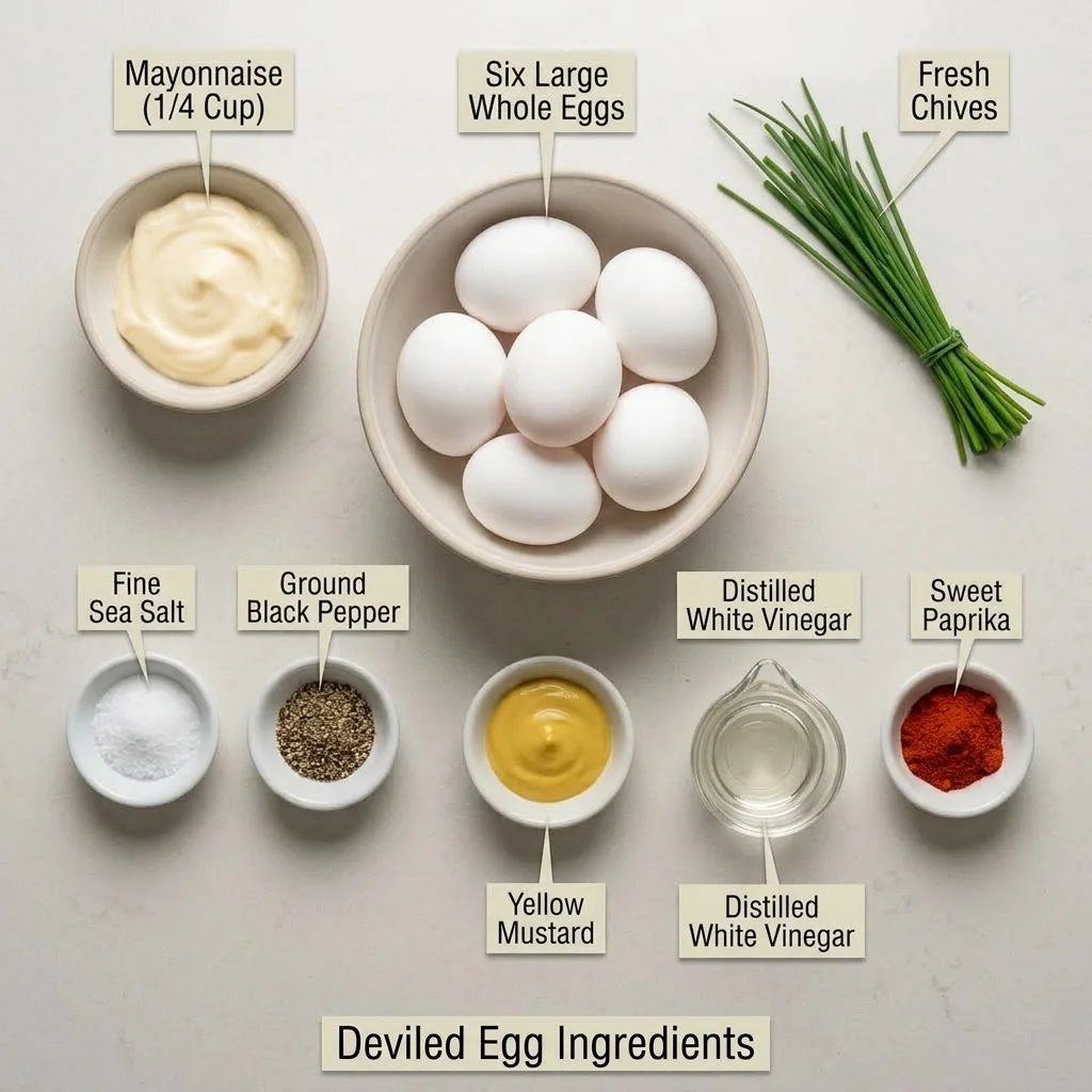 Six eggs with mayonnaise, yellow mustard, vinegar, paprika, pepper, salt, and chives