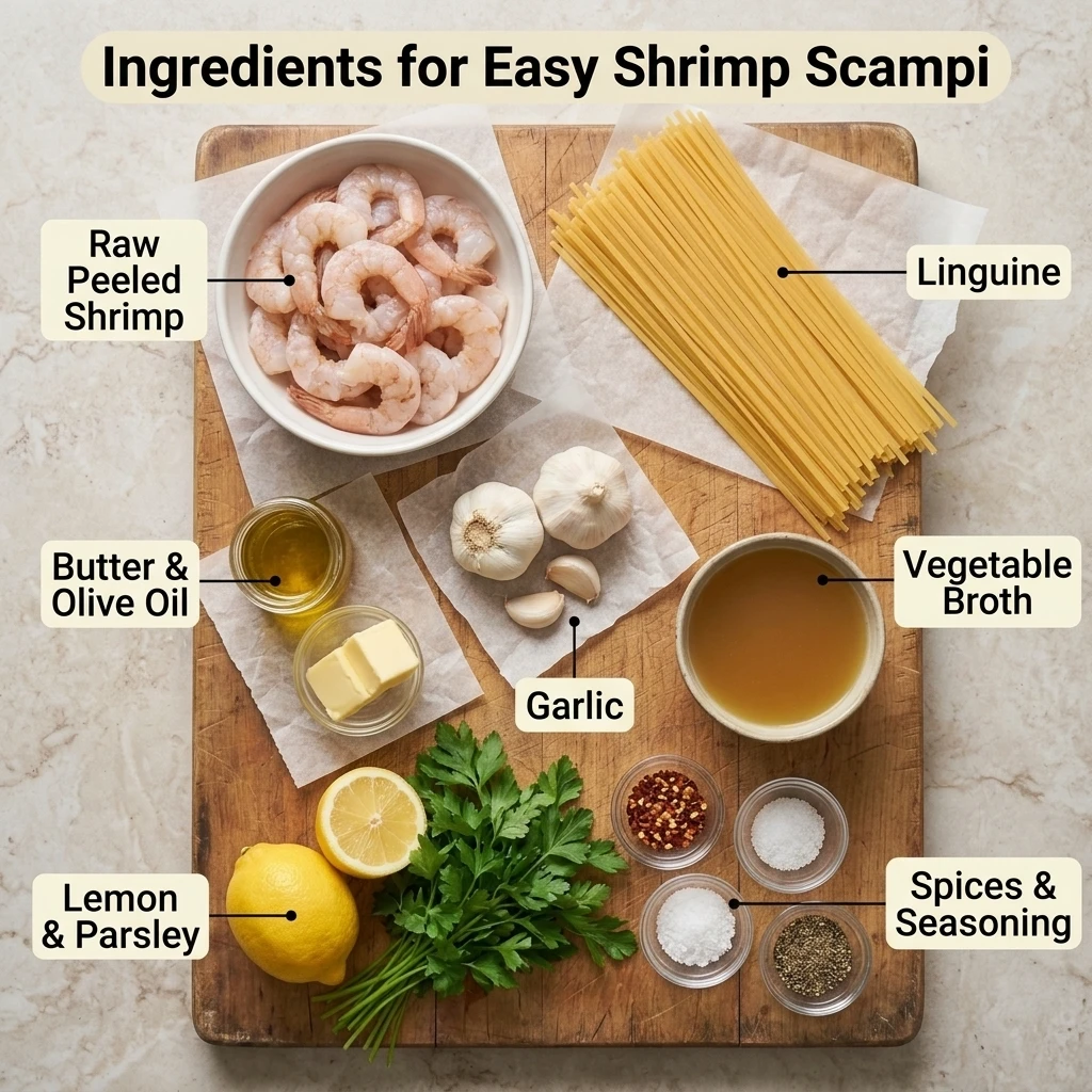  Raw peeled shrimp, dry linguine, butter, olive oil, garlic, lemon and parsley arranged for shrimp scampi
