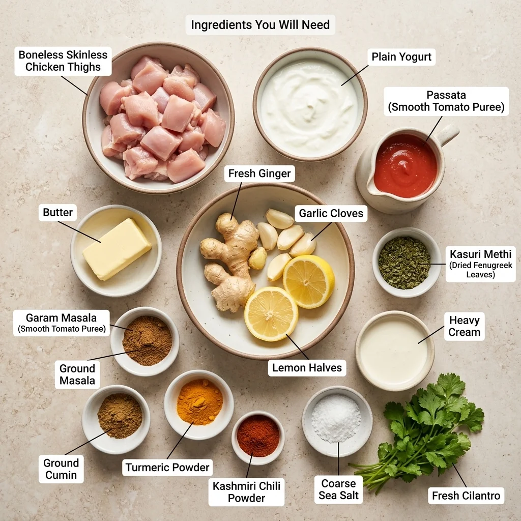 Ingredients for homemade butter chicken arranged with spices, yogurt, tomato passata, cream, and chicken thighs.