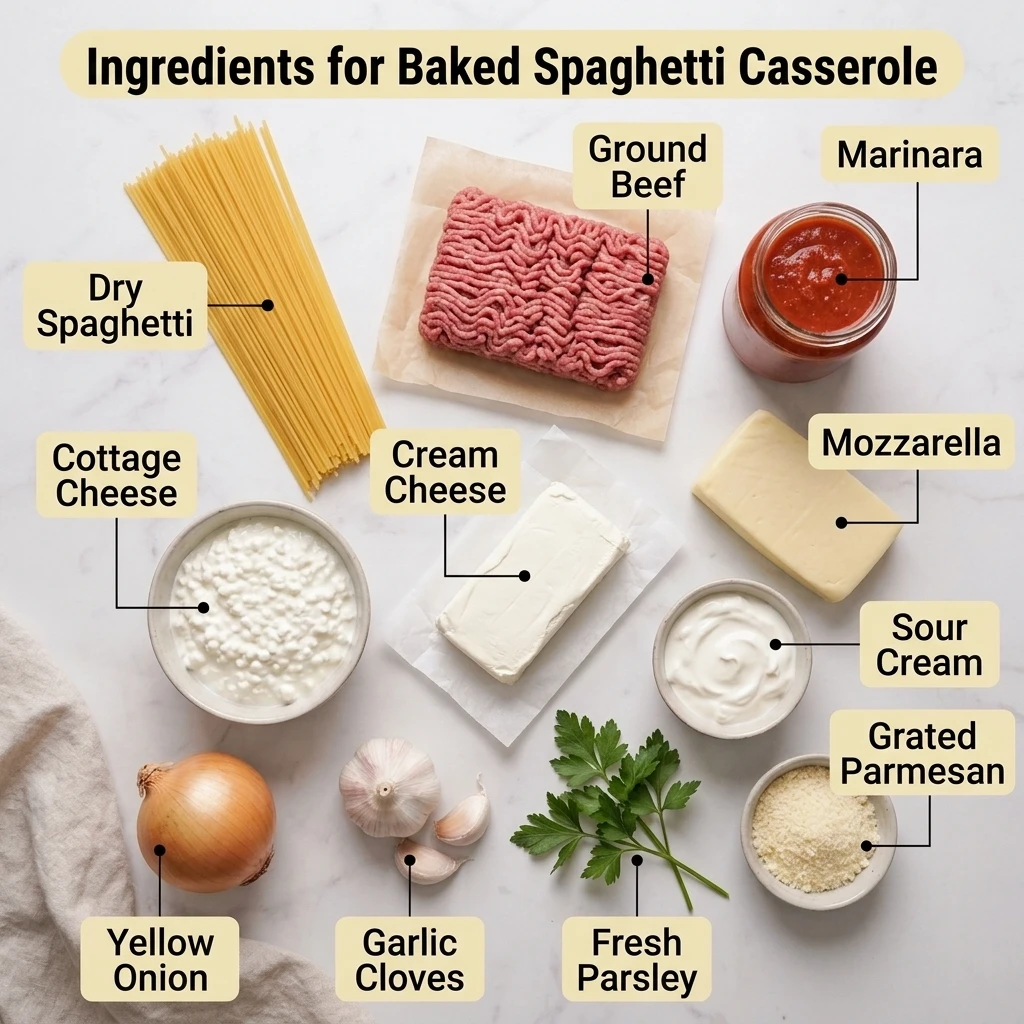 Ingredients for baked spaghetti casserole laid flat: noodles, beef, marinara, cream cheese, cottage cheese, mozzarella