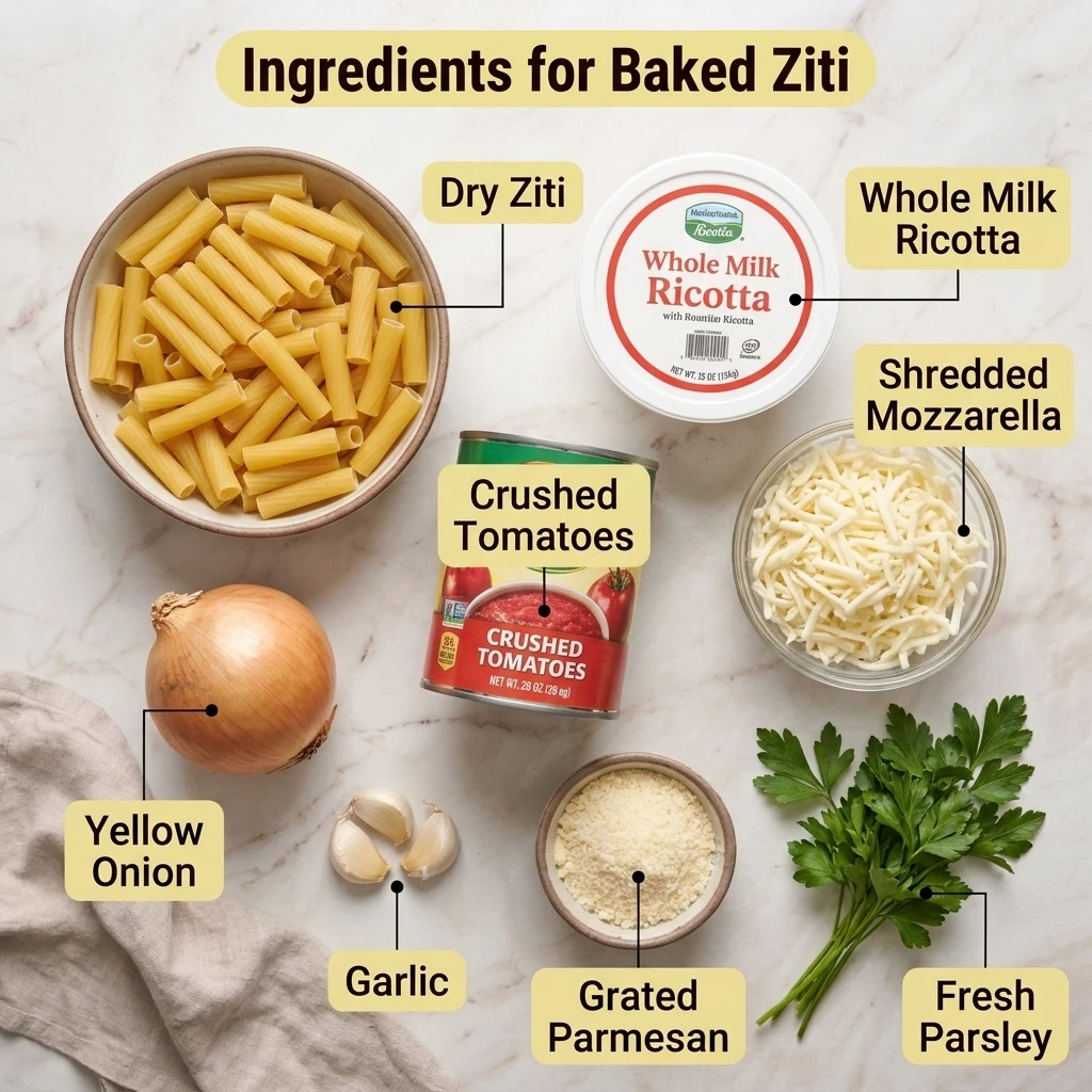 Flat lay of ziti, ricotta, mozzarella, and crushed tomatoes for an easy ziti bake