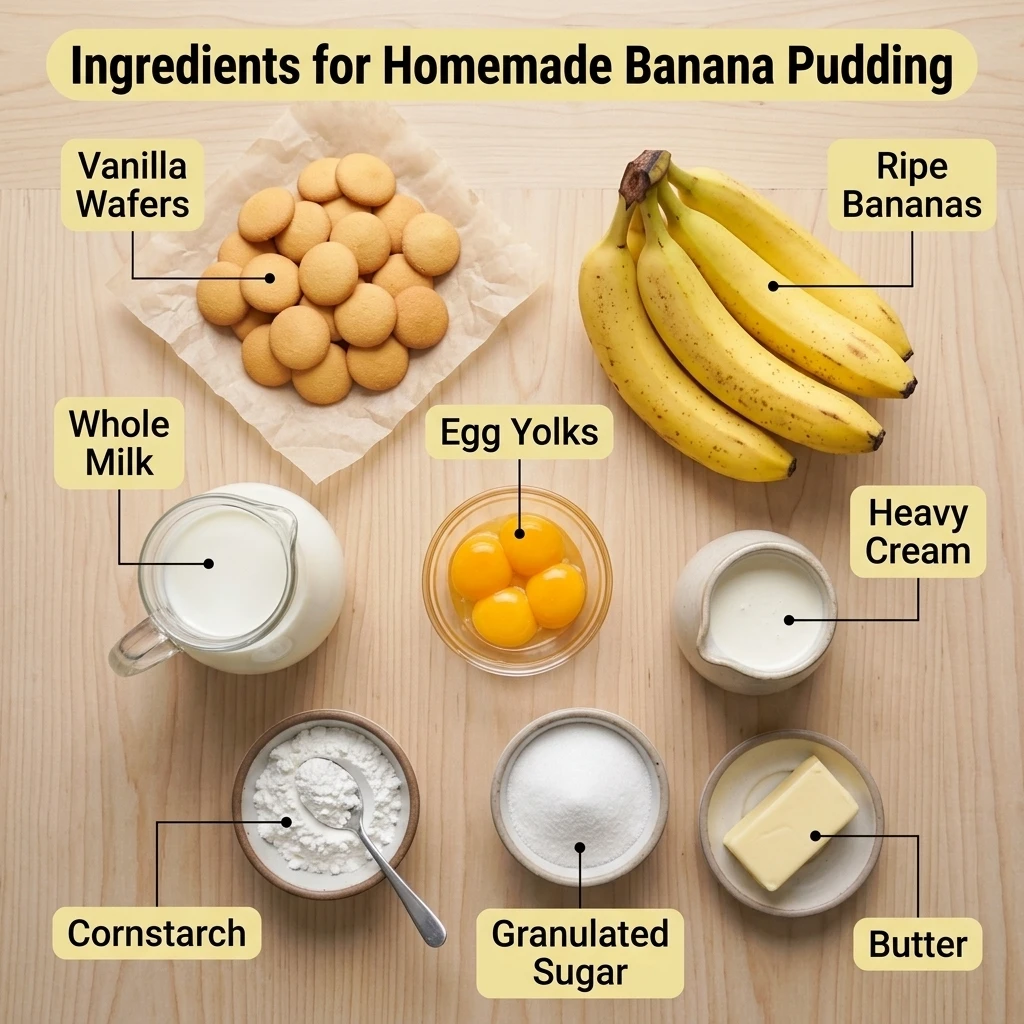 Ingredients for homemade banana pudding flat lay with wafers, ripe bananas, egg yolks, milk, and cream