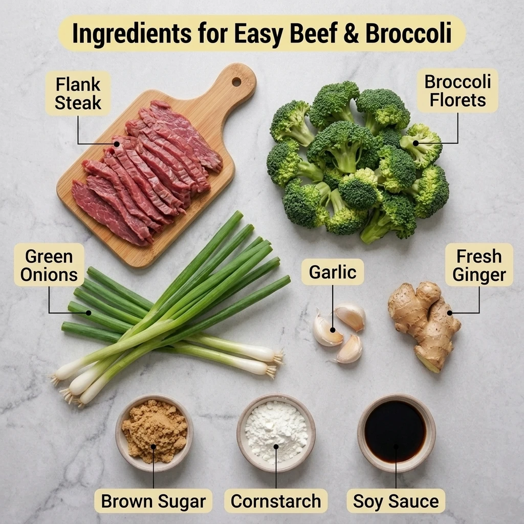  Ingredients for easy beef and broccoli laid out: flank steak, broccoli florets, garlic, ginger, and sauces
