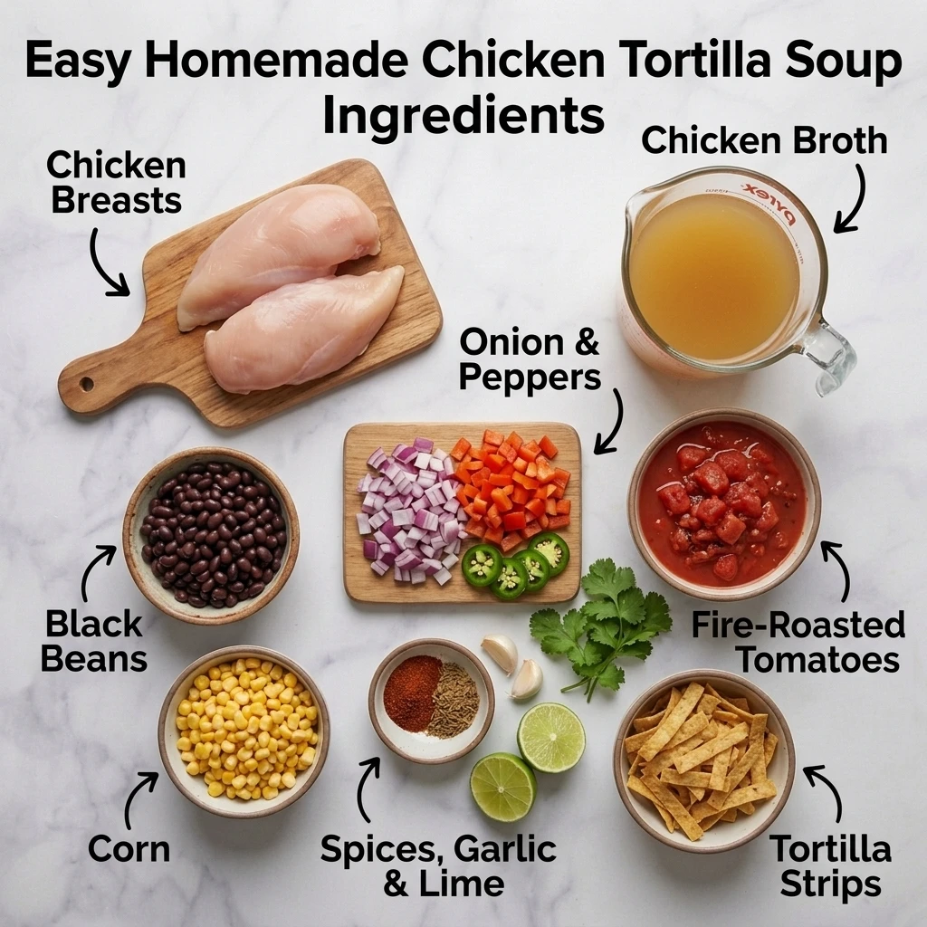 Flat lay of ingredients for easy chicken tortilla soup including chicken, black beans, corn, and fire-roasted tomatoes
