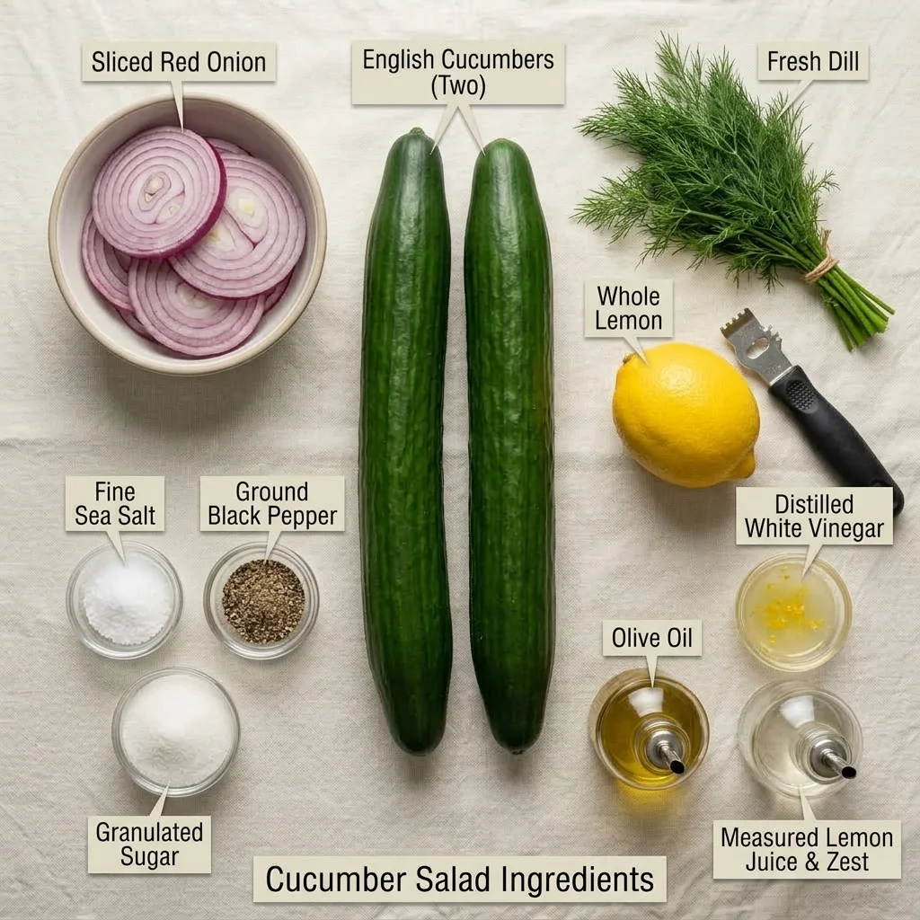 English cucumbers, dill, red onion, lemon, vinegar, oil, salt, sugar, and pepper