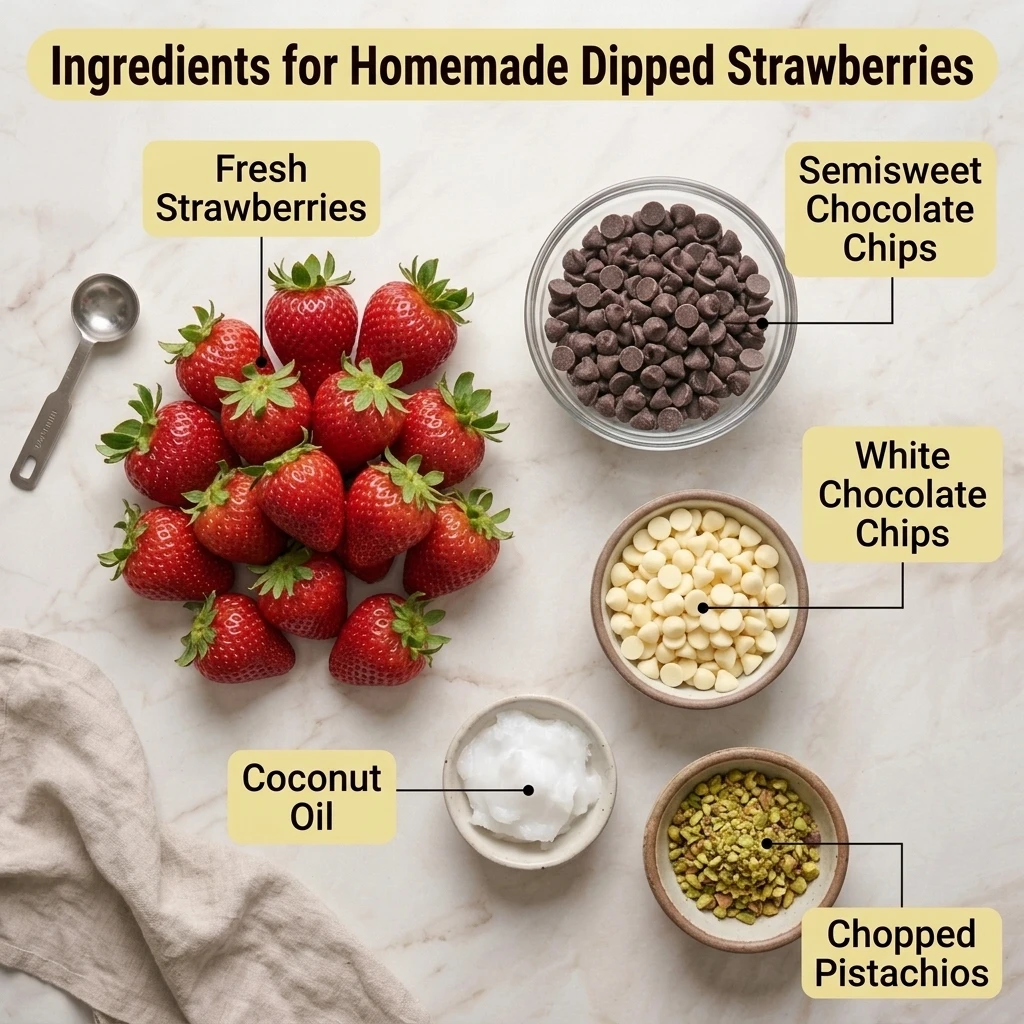 Ingredients for dipped strawberries: fresh berries, semisweet chips, white chocolate chips, coconut oil, pistachios