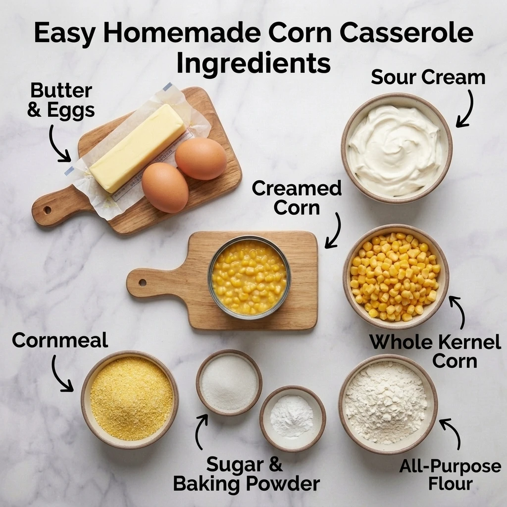 Flat lay of creamed corn, cornmeal, sour cream, eggs, and butter, the pantry ingredients for easy corn casserole