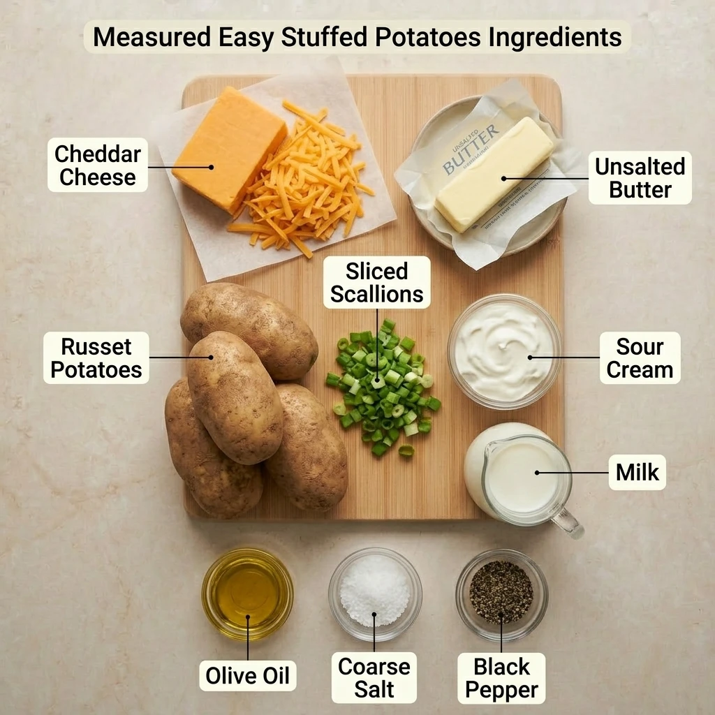 Flat lay of russet potatoes, cheddar, butter, sour cream, and scallions for easy stuffed potatoes
