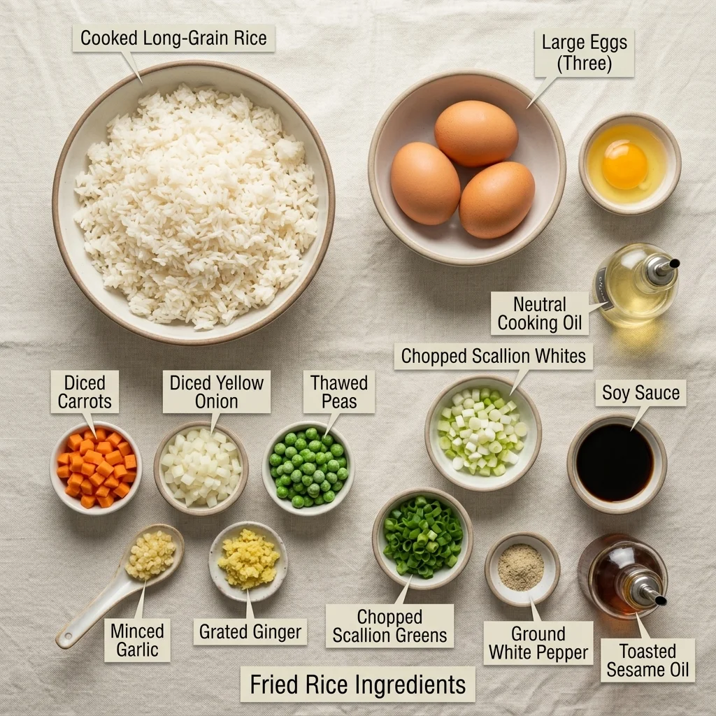 Measured cooked rice, eggs, vegetables, ginger, garlic, and seasonings