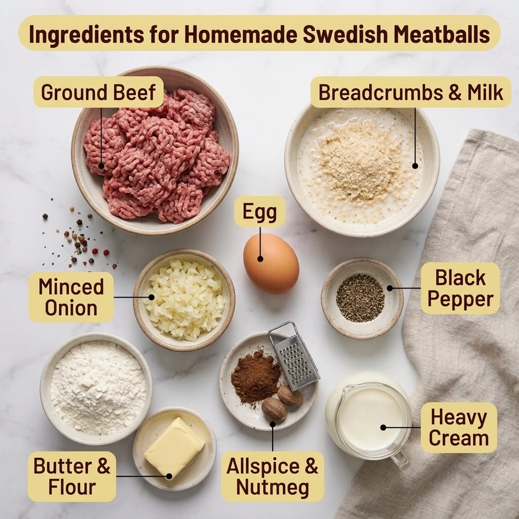 Ingredients for homemade Swedish meatballs laid out flat, including ground beef, allspice, and heavy cream