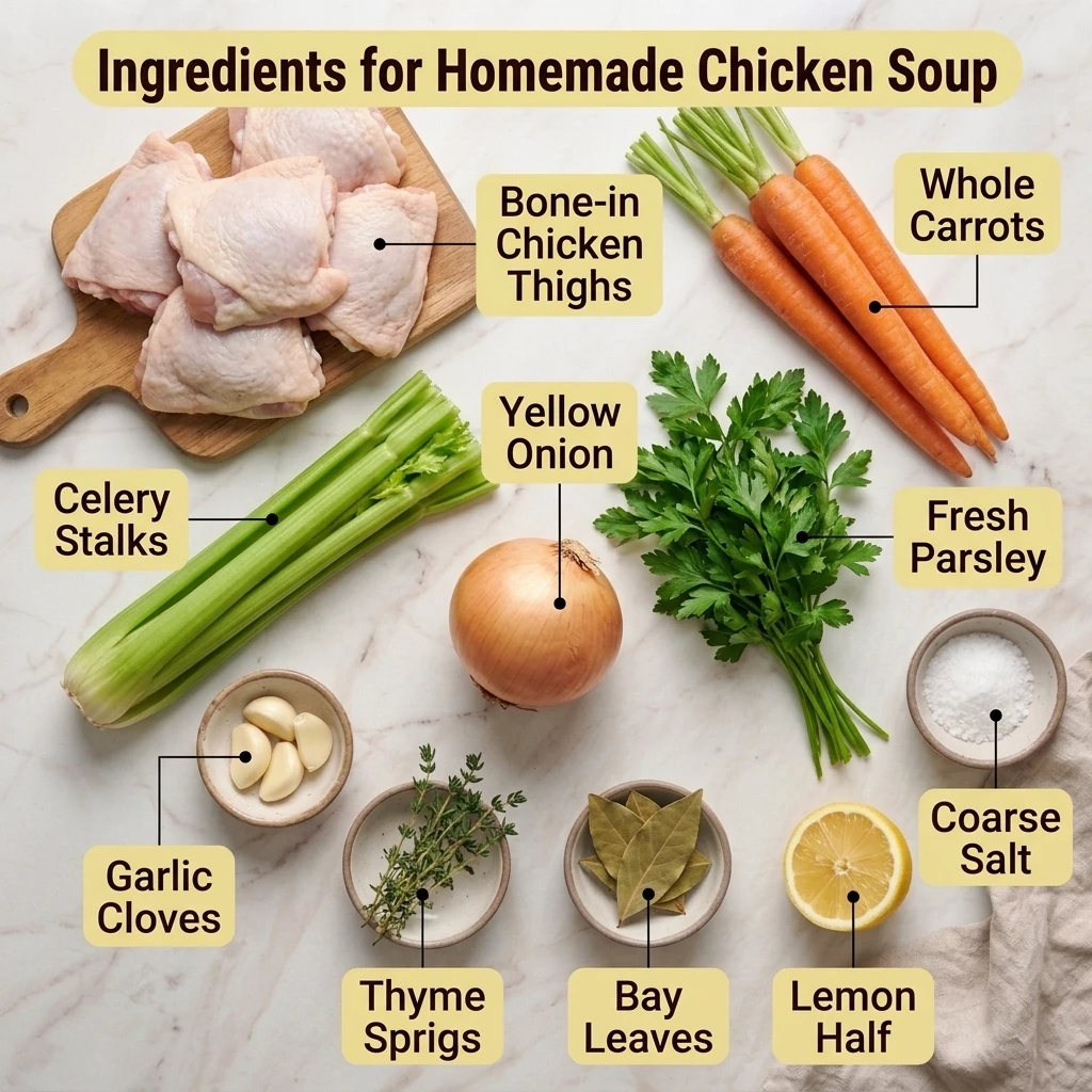 Flat lay of ingredients for homemade chicken soup including bone-in thighs, carrots, celery, and thyme
