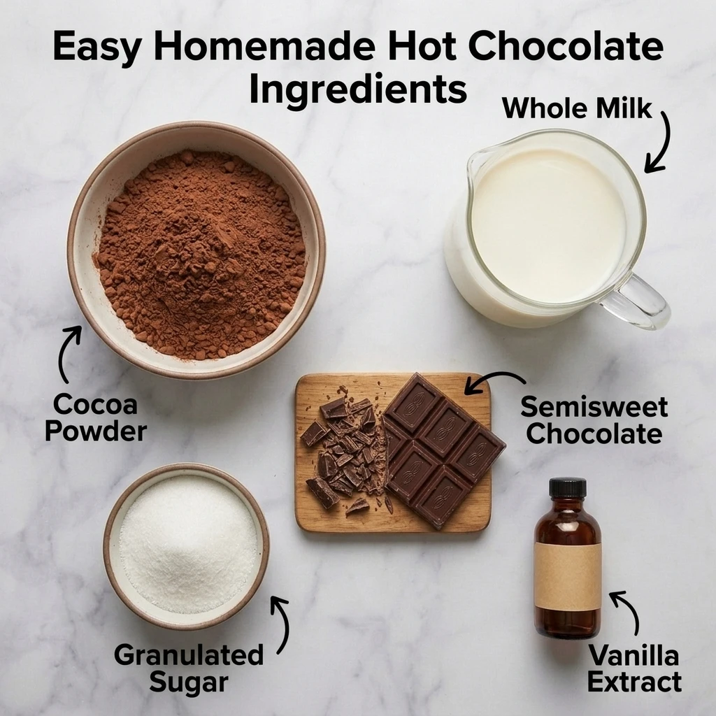 Flat lay of cocoa powder, semisweet chocolate, whole milk, and sugar for homemade hot chocolate
