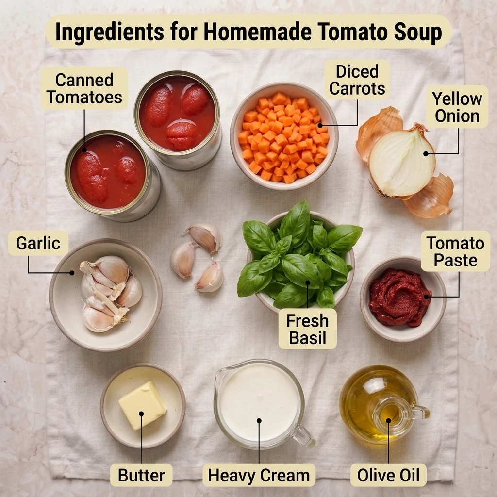 Ingredients for homemade tomato soup laid out: canned tomatoes, carrots, onion, garlic, and fresh basil
