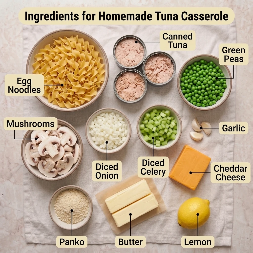  Ingredients for homemade tuna casserole including egg noodles, canned tuna, peas, mushrooms, and cheddar on a marble counter
