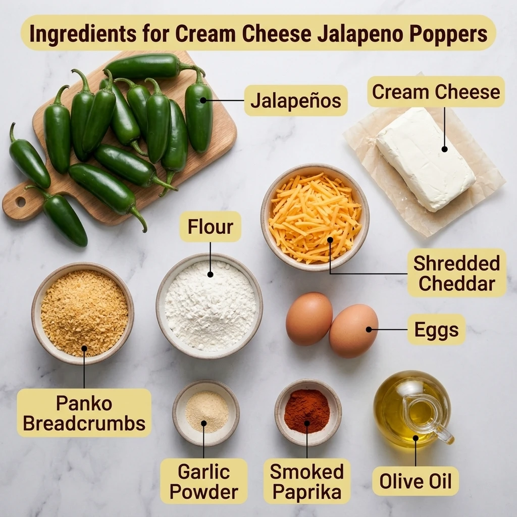  Ingredients for cream cheese jalapeno poppers laid flat: fresh peppers, cheddar, panko, eggs, flour, and spices
