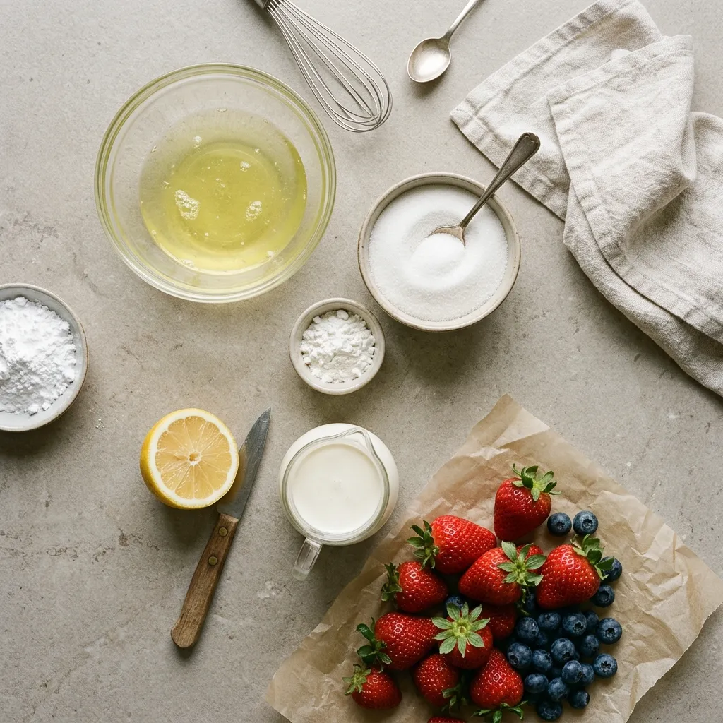 Egg whites, superfine sugar, cornstarch, lemon, cream, strawberries and blueberries for pavlova