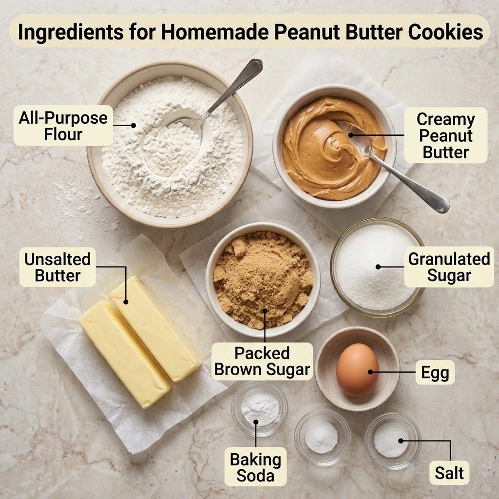  Overhead flat lay of flour, peanut butter, butter, sugars, egg, salt, and baking soda for cookie dough