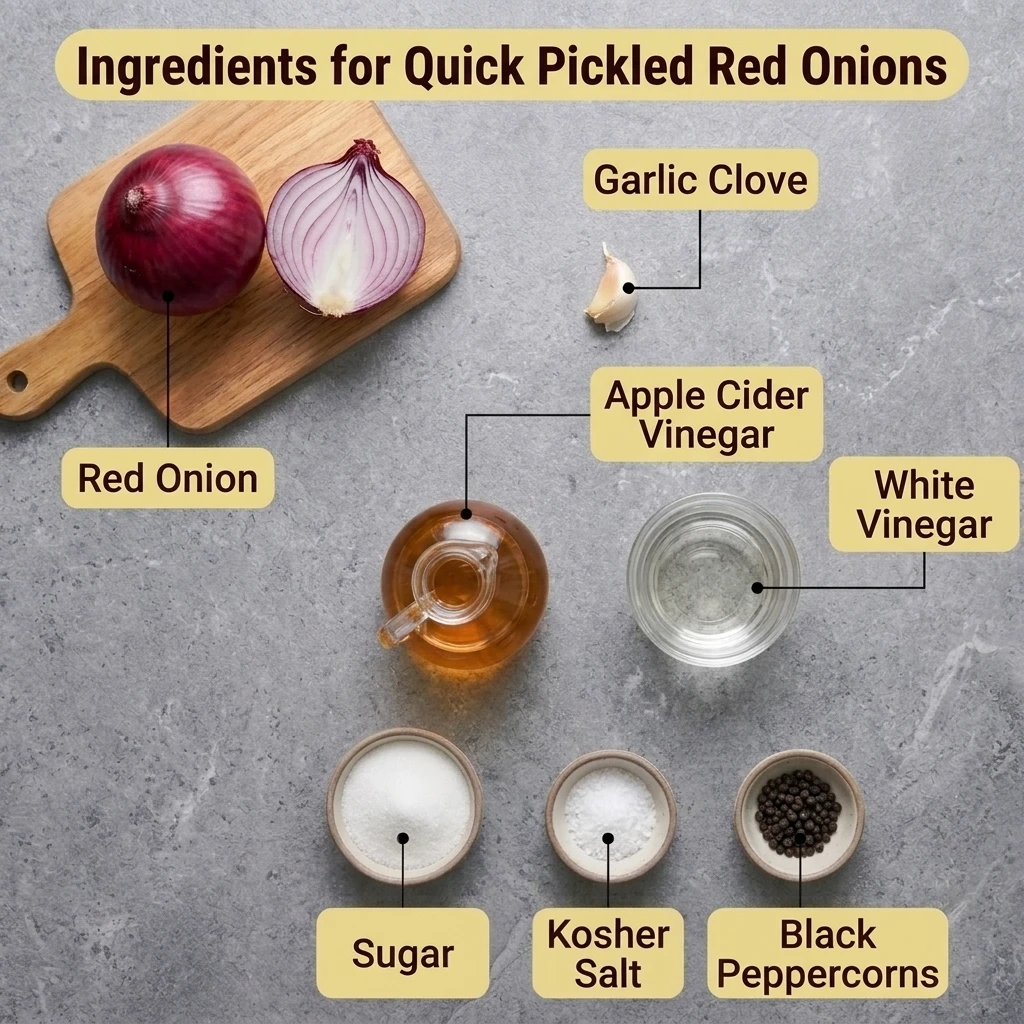  Ingredients for quick pickled red onions laid out flat, including red onion, vinegar, sugar, and salt
