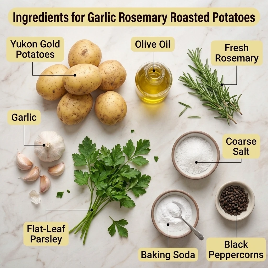  Ingredients for garlic rosemary roasted potatoes laid out, including Yukon Gold potatoes, olive oil, and fresh herbs
