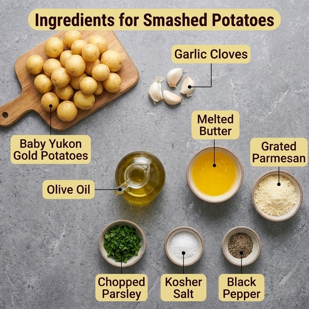Ingredients for smashed potatoes including baby Yukon Golds, garlic, butter, olive oil, and Parmesan