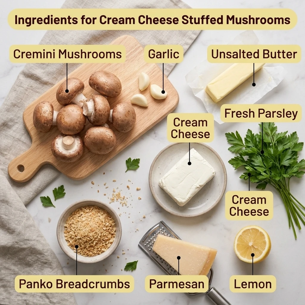  Ingredients for cream cheese stuffed mushrooms laid out flat: cremini caps, garlic, Parmesan, parsley, panko