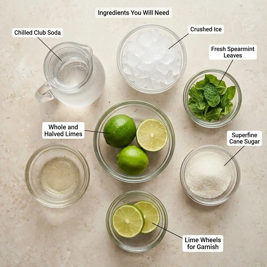 Mint, limes, cane sugar, club soda, and crushed ice arranged for two drinks.