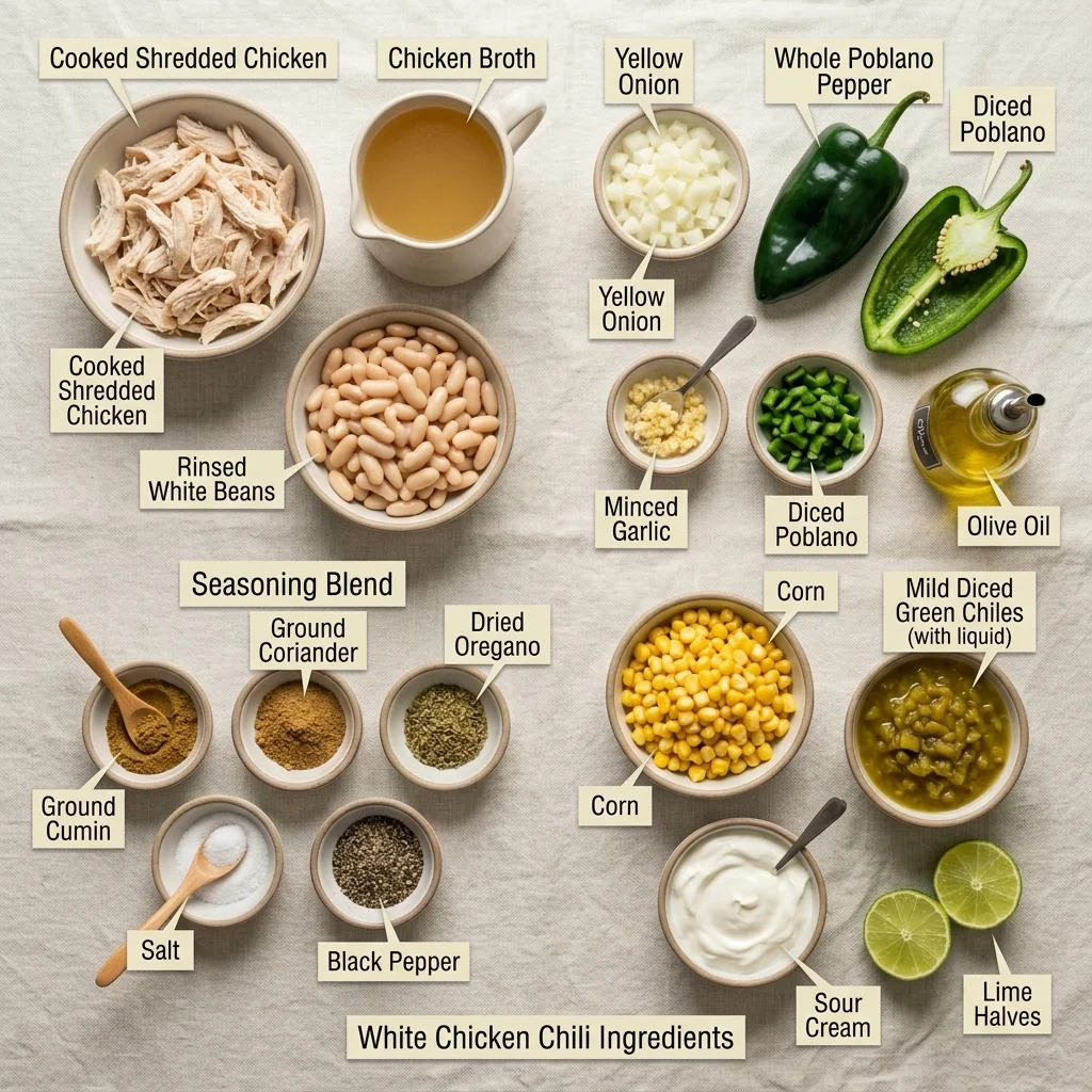 Measured chicken, beans, poblano, green chiles, corn, and spices for the chili