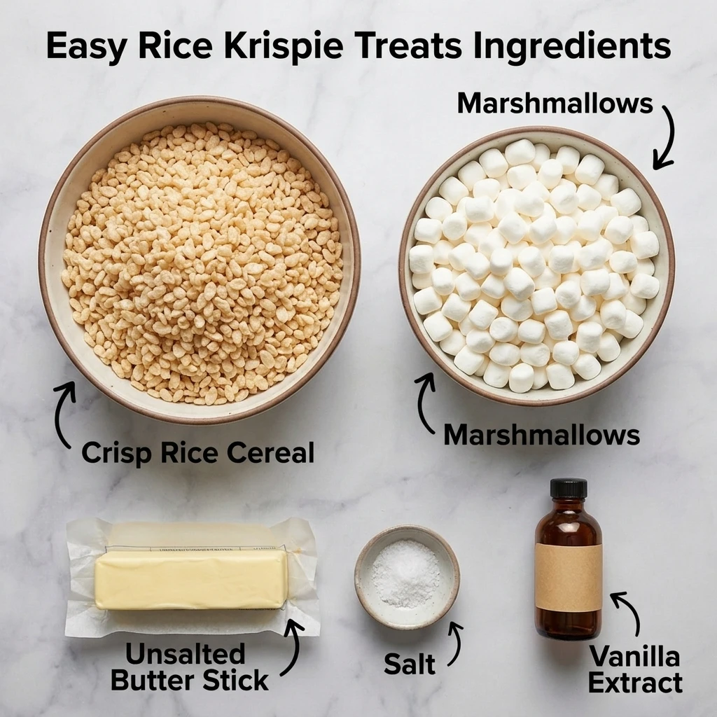 Ingredients for easy Rice Krispie treats laid flat: butter, marshmallows, crisp rice cereal, vanilla, and salt