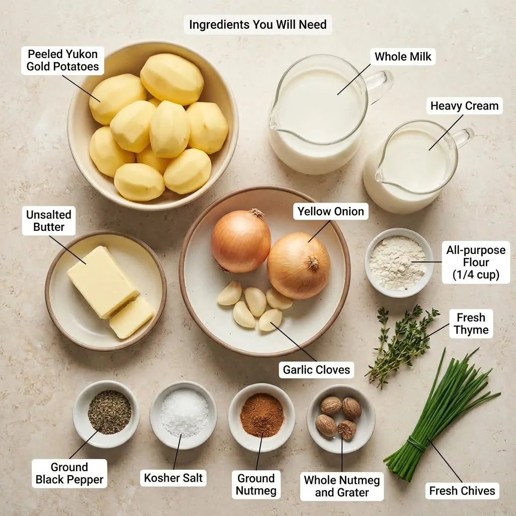 Yukon Gold potatoes, milk, cream, butter, onion, garlic, flour, and herbs arranged for a creamy potato casserole.