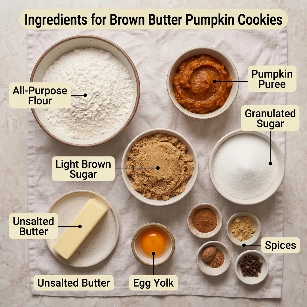 Ingredients for brown butter pumpkin cookies laid out in small bowls on a wood board
