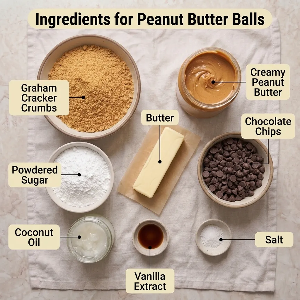  Ingredients for homemade peanut butter balls laid out flat on a light marble counter