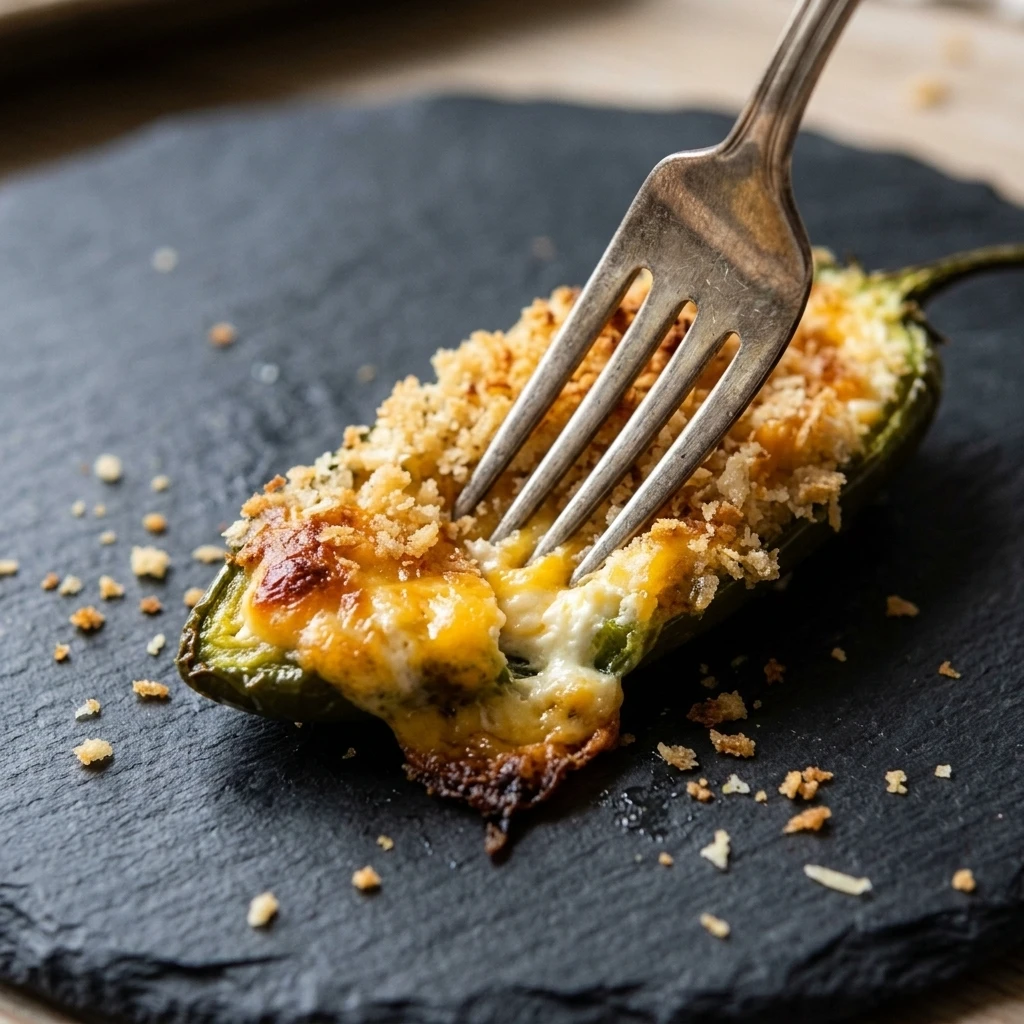 Close-up of a crispy jalapeno popper cut open to show melted cheese filling and golden panko
