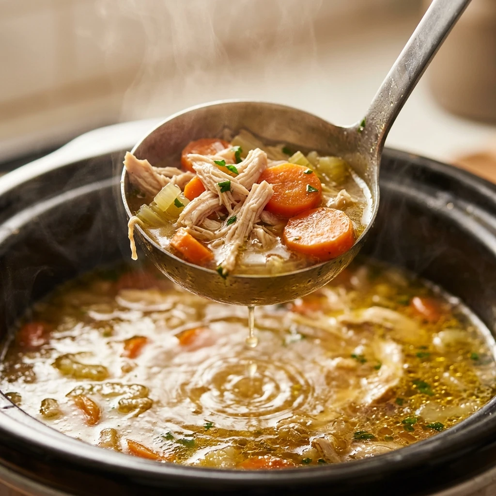  Close up of shredded chicken and tender carrots in simmering chicken soup broth on a ladle
